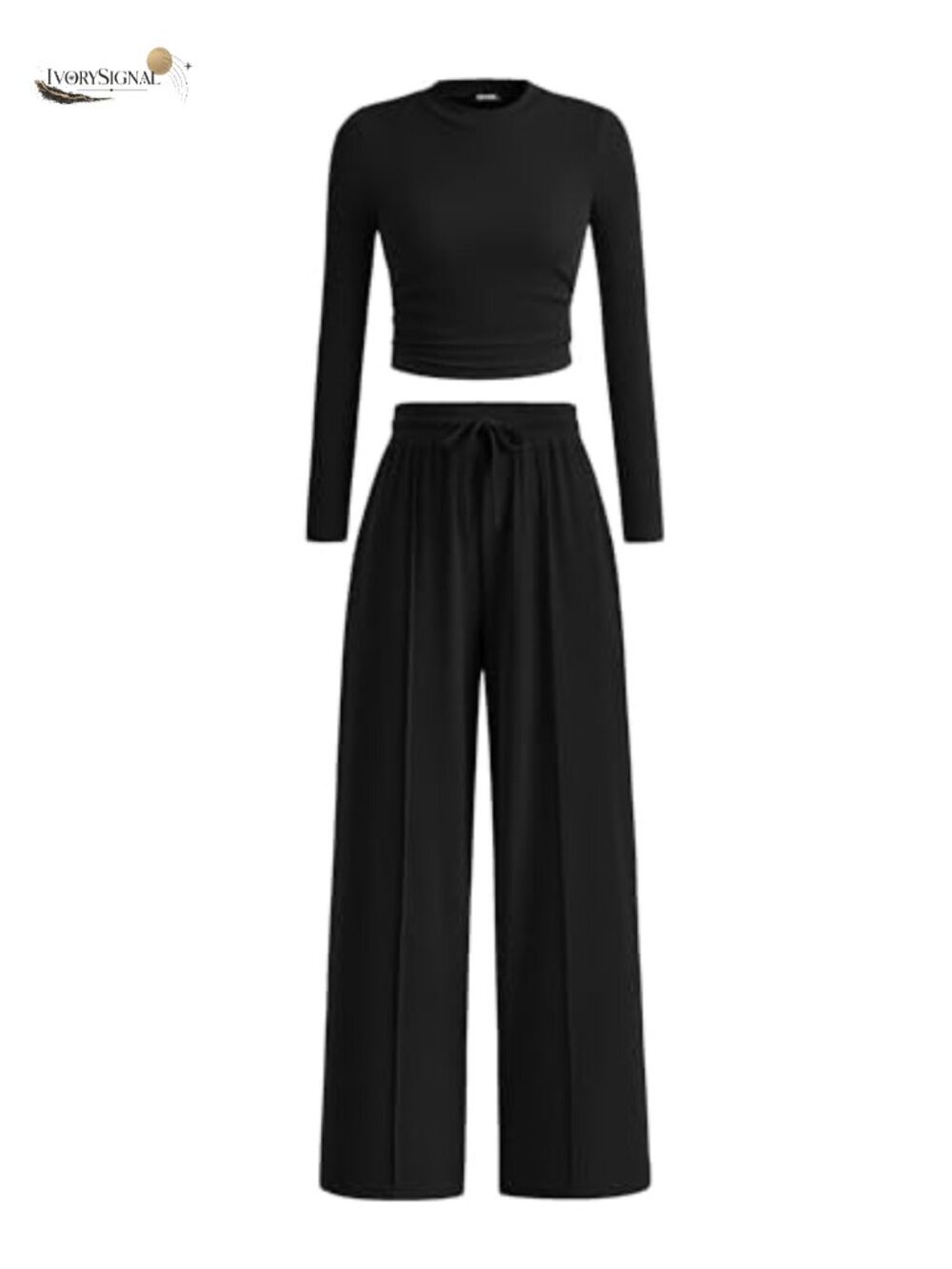 Ribbed 2 Piece Lounge Set - Long Sleeve Crop Top & Wide Leg Pants